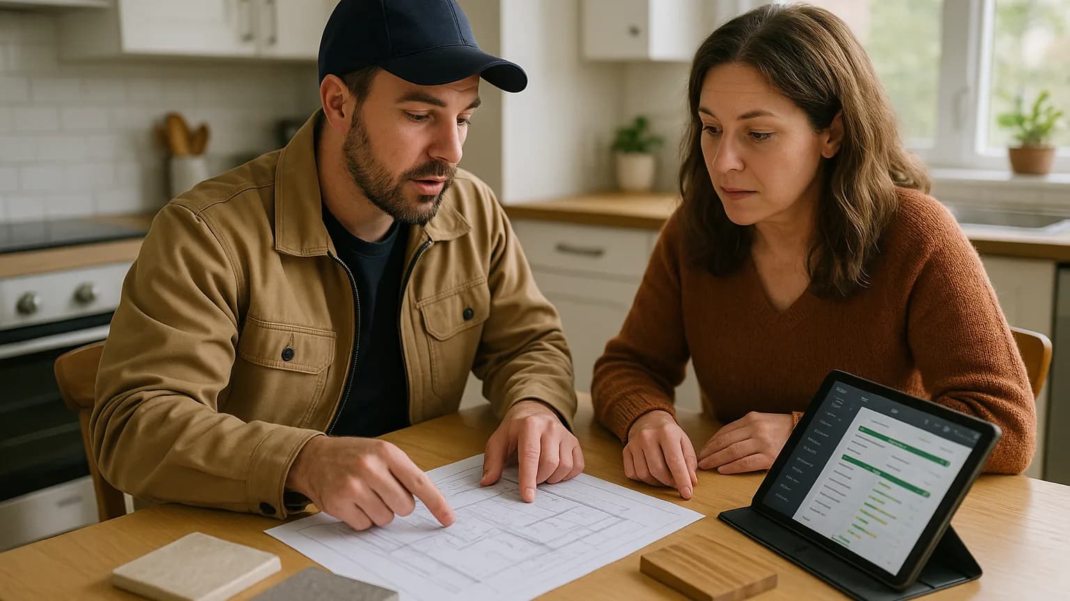 Small builder reviewing a detailed scope of work and drawings with a homeowner at a kitchen table
