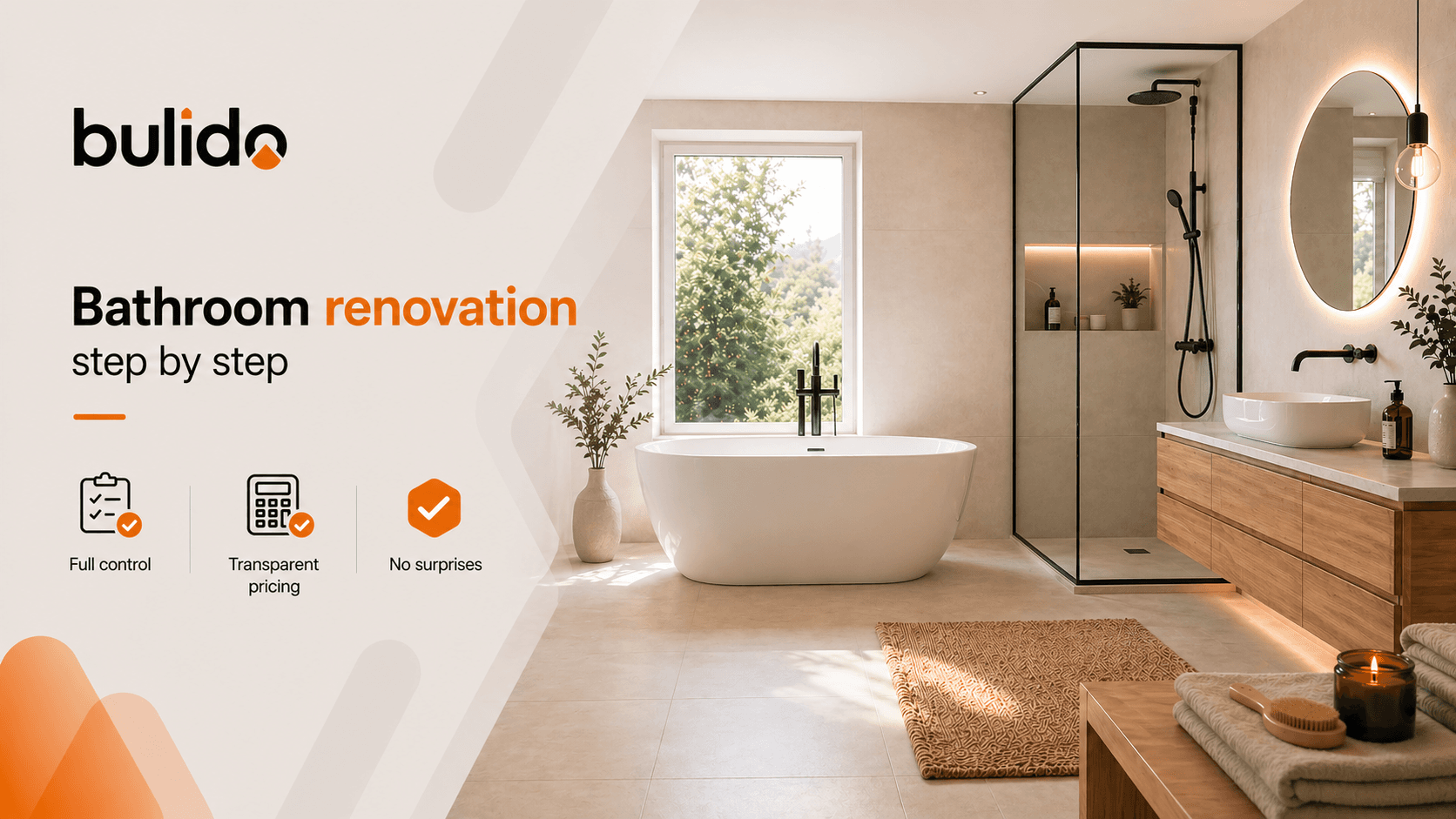 Modern bathroom interior with light tiling and a freestanding bath