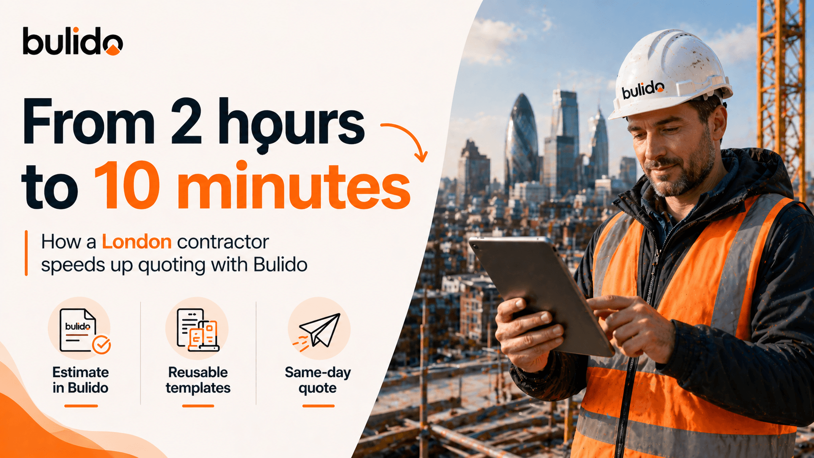 Contractor in a hard hat and hi-vis jacket reading a tablet on a building site