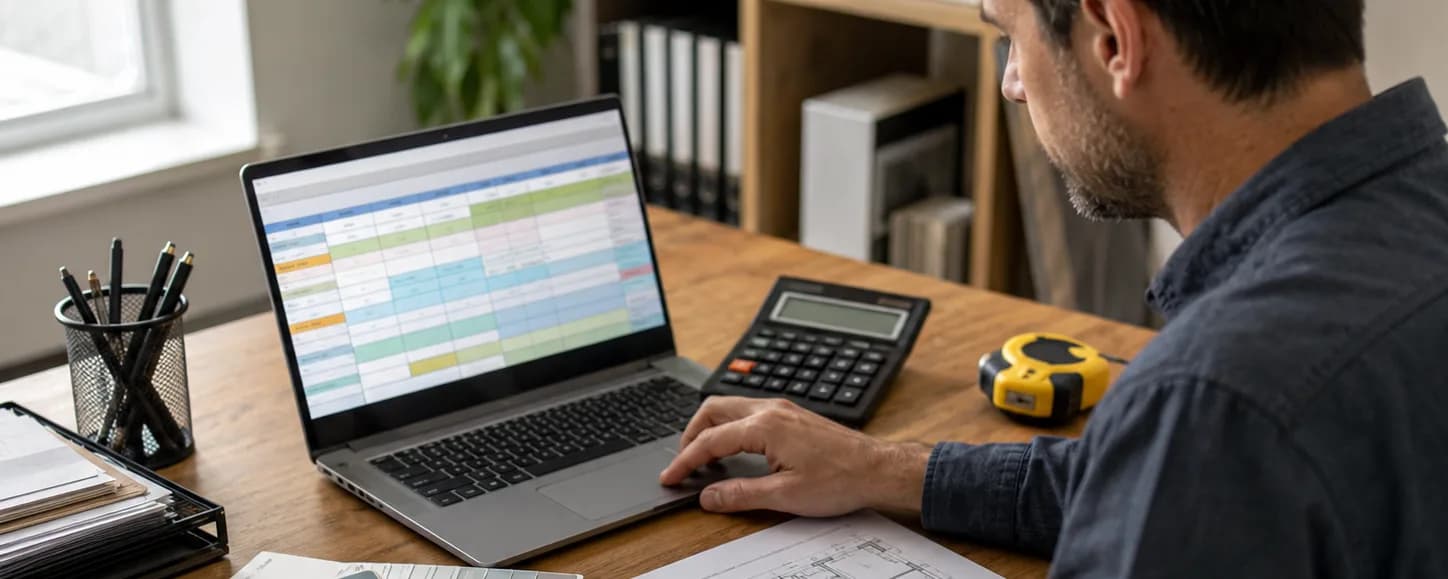 Renovation estimate being prepared in a spreadsheet on a laptop